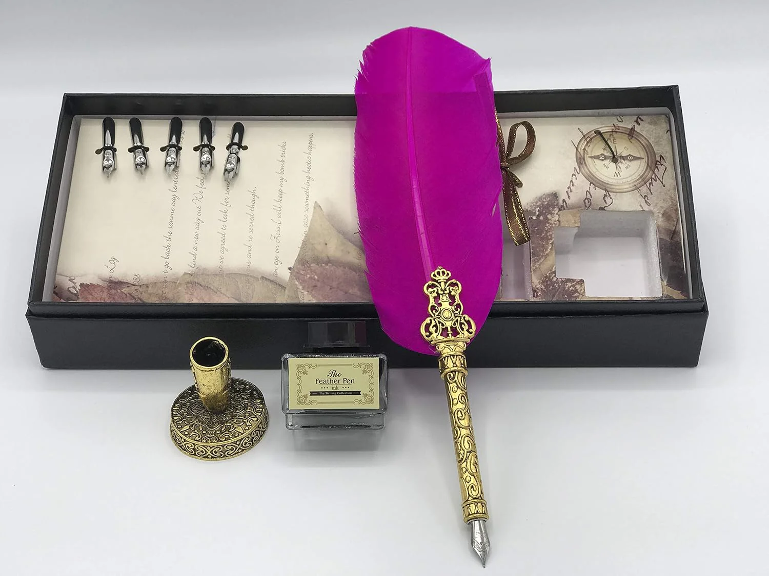 Antique Dip Feather Pen Set – Vintage Calligraphy Quill with 5 Nibs, Ink & Pen Stand (Dark Pink) - Image 3