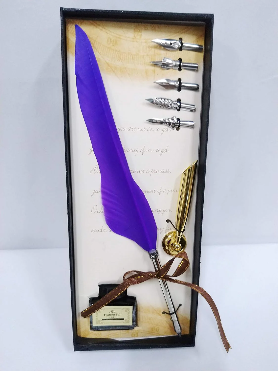 Calligraphy Feather Dip Quill Pen Writing Ink Set – Antique Feather Pen with 5 Nibs, Ink Bottle & Pen Holder – Elegant Stationery Gift Box (Green / Violet / Black) - Image 3
