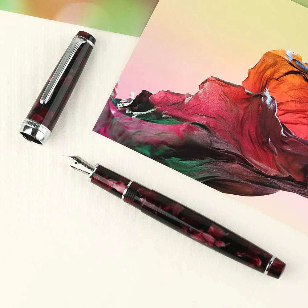 Delike Fountain Pen Fine Nib Burgundy Marble Celluloid with Converter and Gift Box Set, Newmoon Series - Image 3