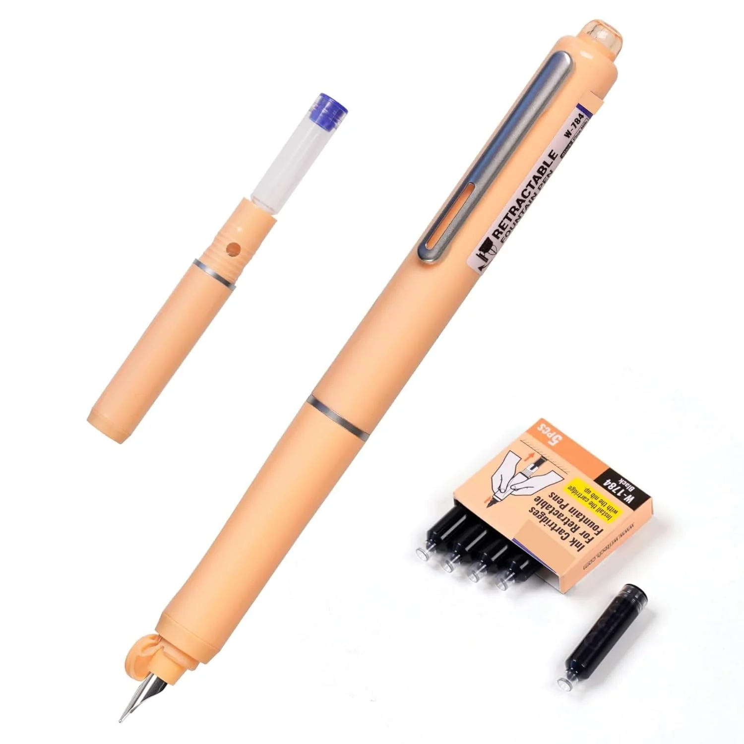 Dian Shi 1784 – Retractable Fountain Pen with 0.38mm Extra Fine Nib – Smooth Writing, 5 Blue Ink Refills (Peach) - Image 2