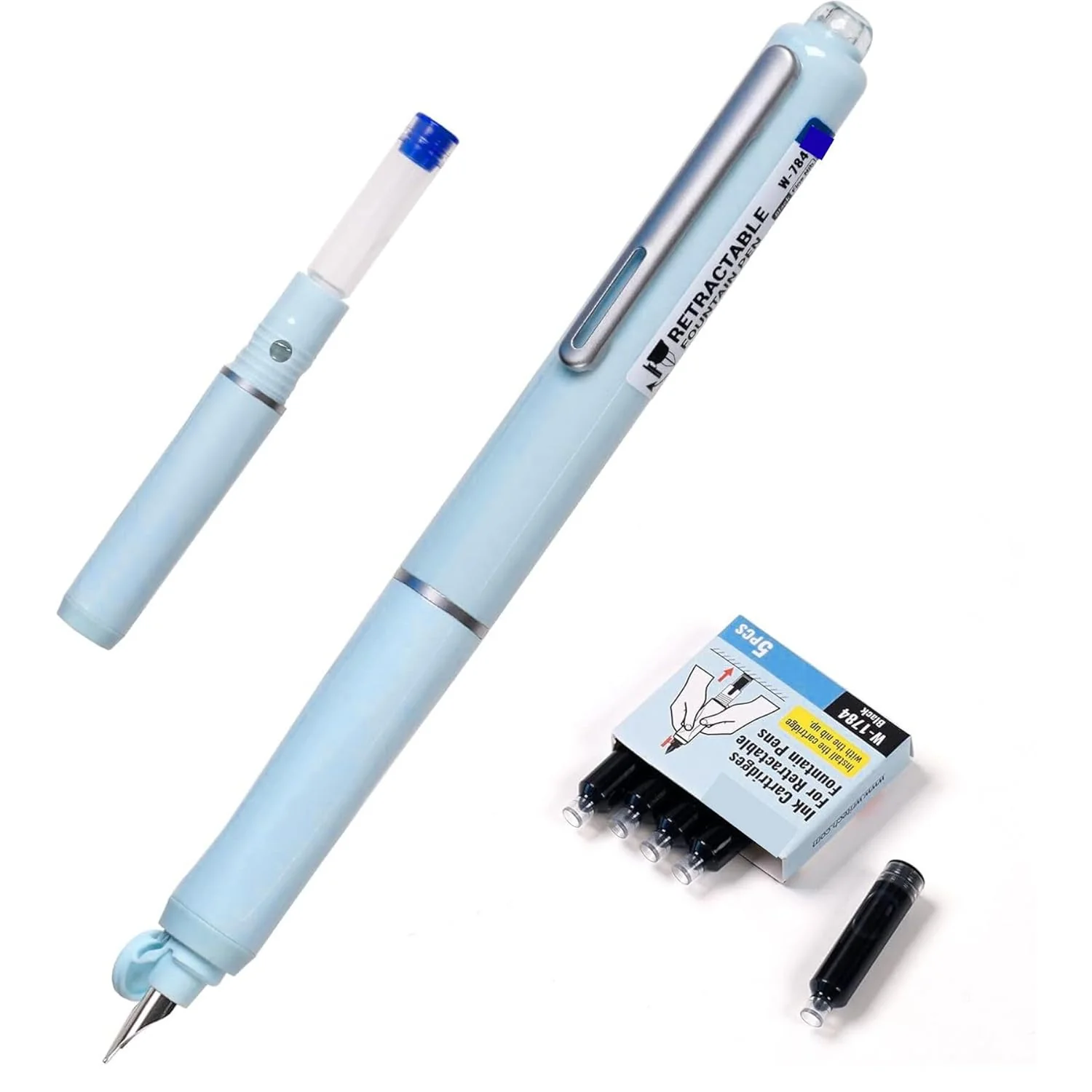 Dian Shi 1784 - Retractable Fountain Pen with 0.38mm Extra Fine Nib –  Smooth Writing, 5 Blue Ink Refills (Light Blue) - Image 2