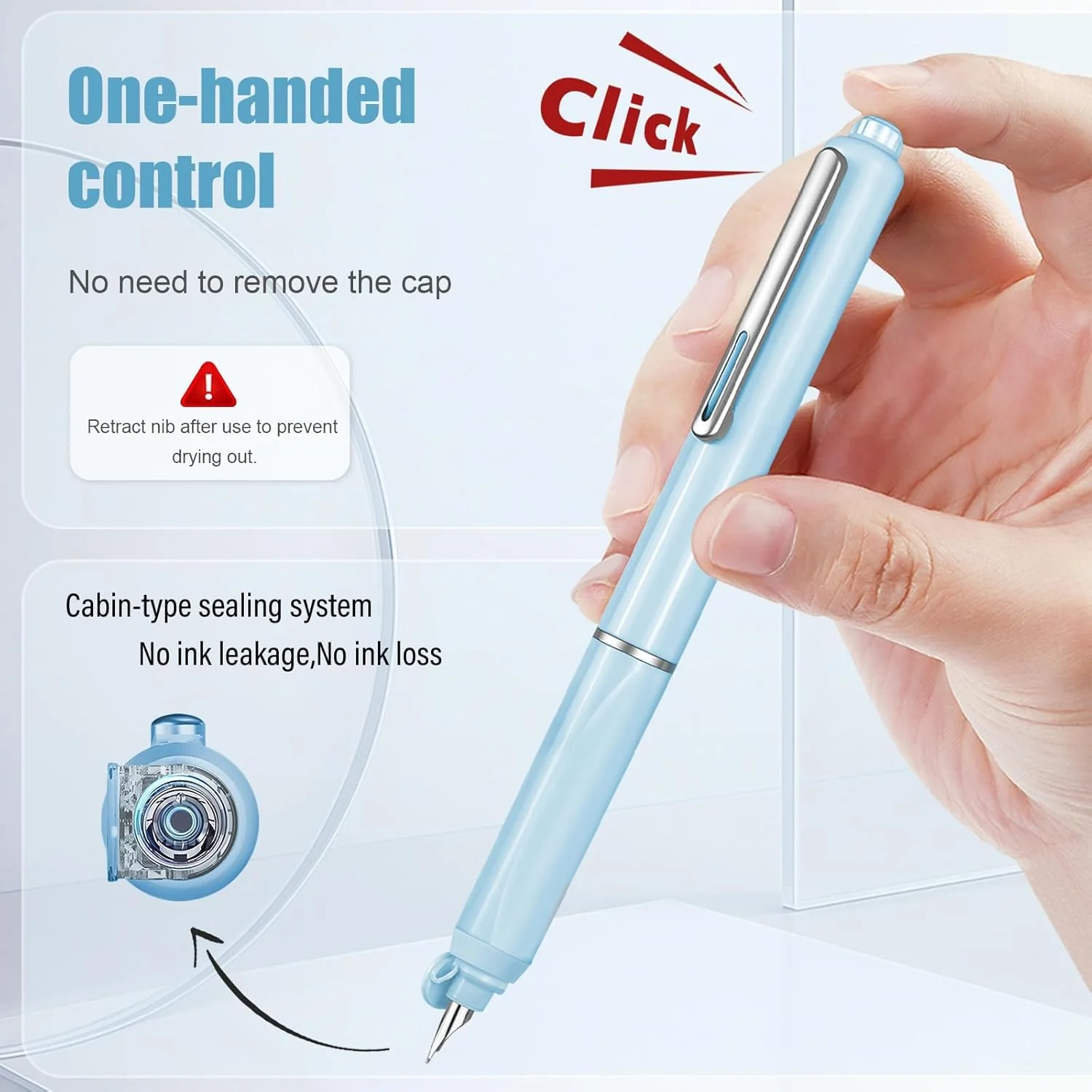 Dian Shi 1784 - Retractable Fountain Pen with 0.38mm Extra Fine Nib –  Smooth Writing, 5 Blue Ink Refills (Light Blue) - Image 3