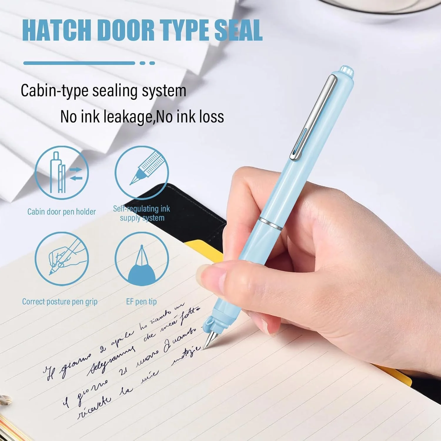 Dian Shi 1784 - Retractable Fountain Pen with 0.38mm Extra Fine Nib –  Smooth Writing, 5 Blue Ink Refills (Light Blue) - Image 4