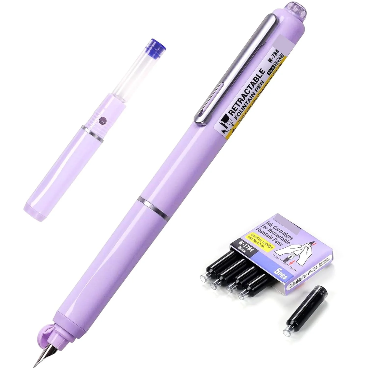 Dian Shi 1784 – Retractable Fountain Pen with 0.38mm Extra Fine Nib – Smooth Writing, 5 Blue Ink Refills (Lavender) - Image 2
