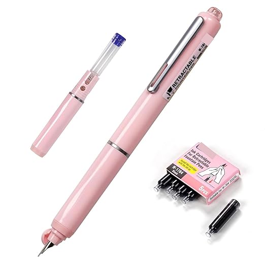Dian Shi 1784 – Retractable Fountain Pen with 0.38mm Extra Fine Nib – Smooth Writing, 5 Blue Ink Refills (Light Pink) - Image 2