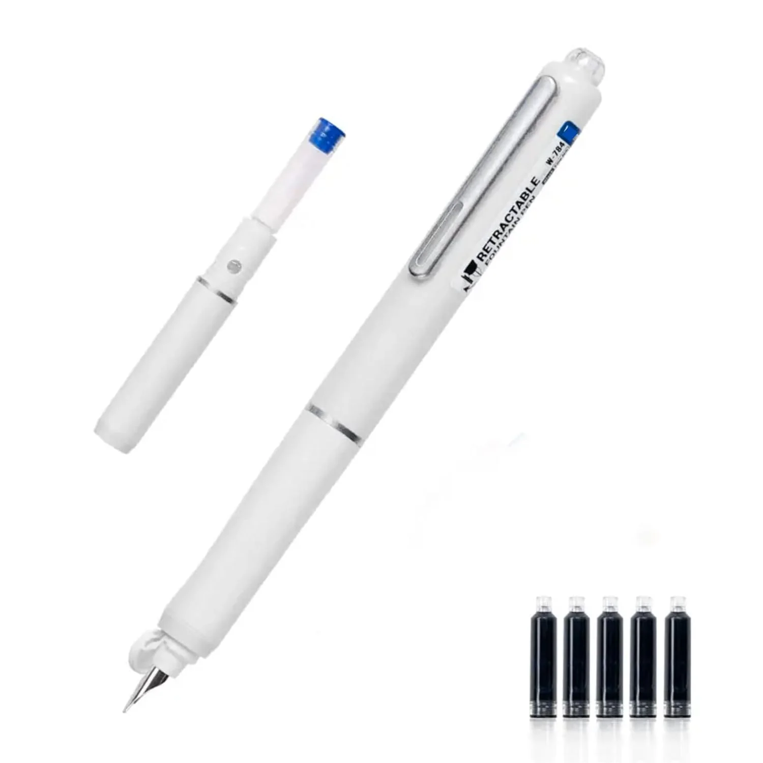Dian Shi 1784 – Retractable Fountain Pen with 0.38mm Extra Fine Nib – Smooth Writing, 5 Blue Ink Refills (White) - Image 2