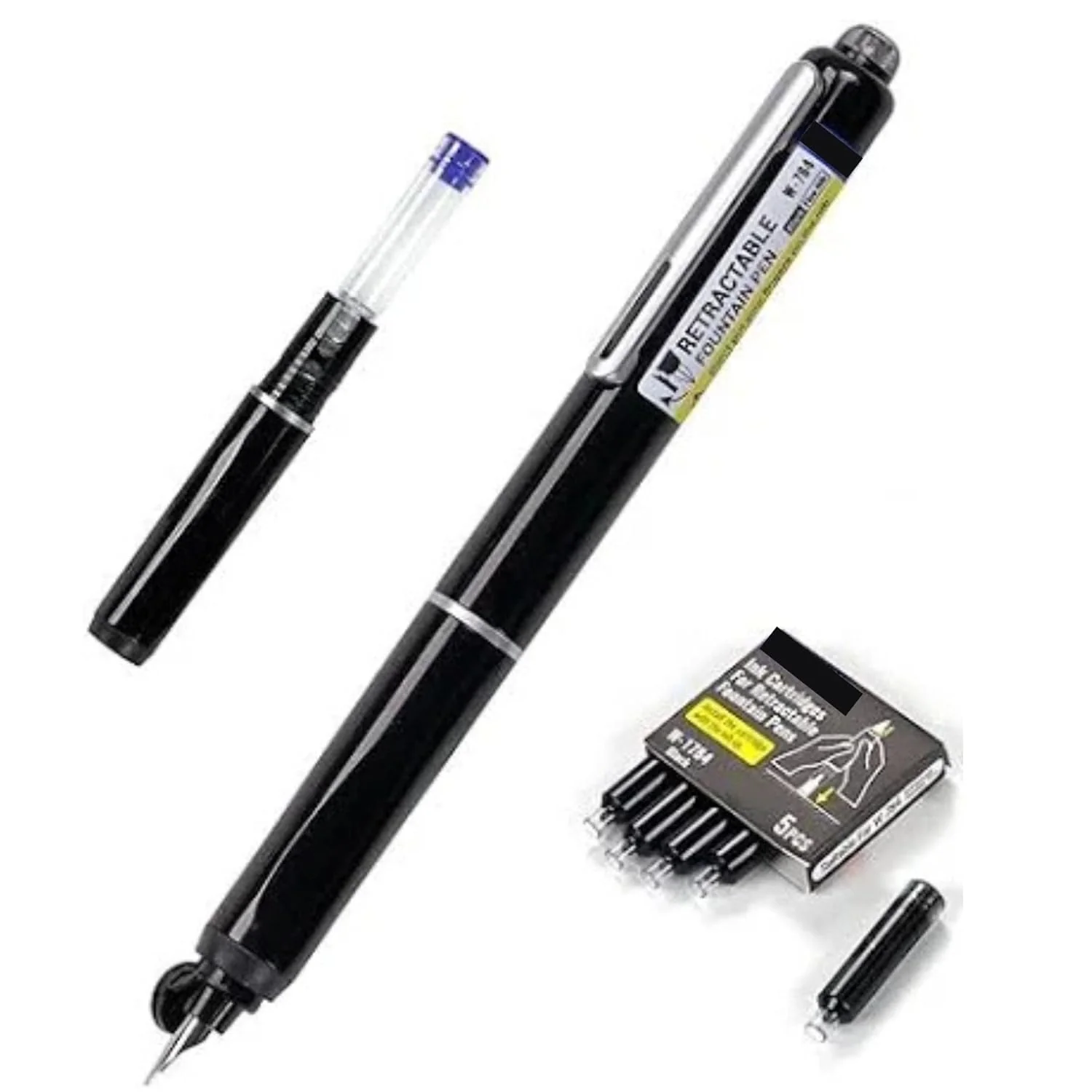 Dian Shi 1784 – Retractable Fountain Pen with 0.38mm Extra Fine Nib – Smooth Writing, 5 Blue Ink Refills (Black) - Image 2