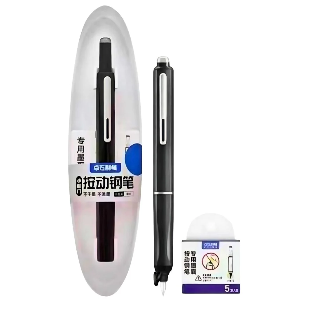 Dian Shi 1784 – Retractable Fountain Pen with 0.38mm Extra Fine Nib – Smooth Writing, 5 Blue Ink Refills (Black) - Image 3