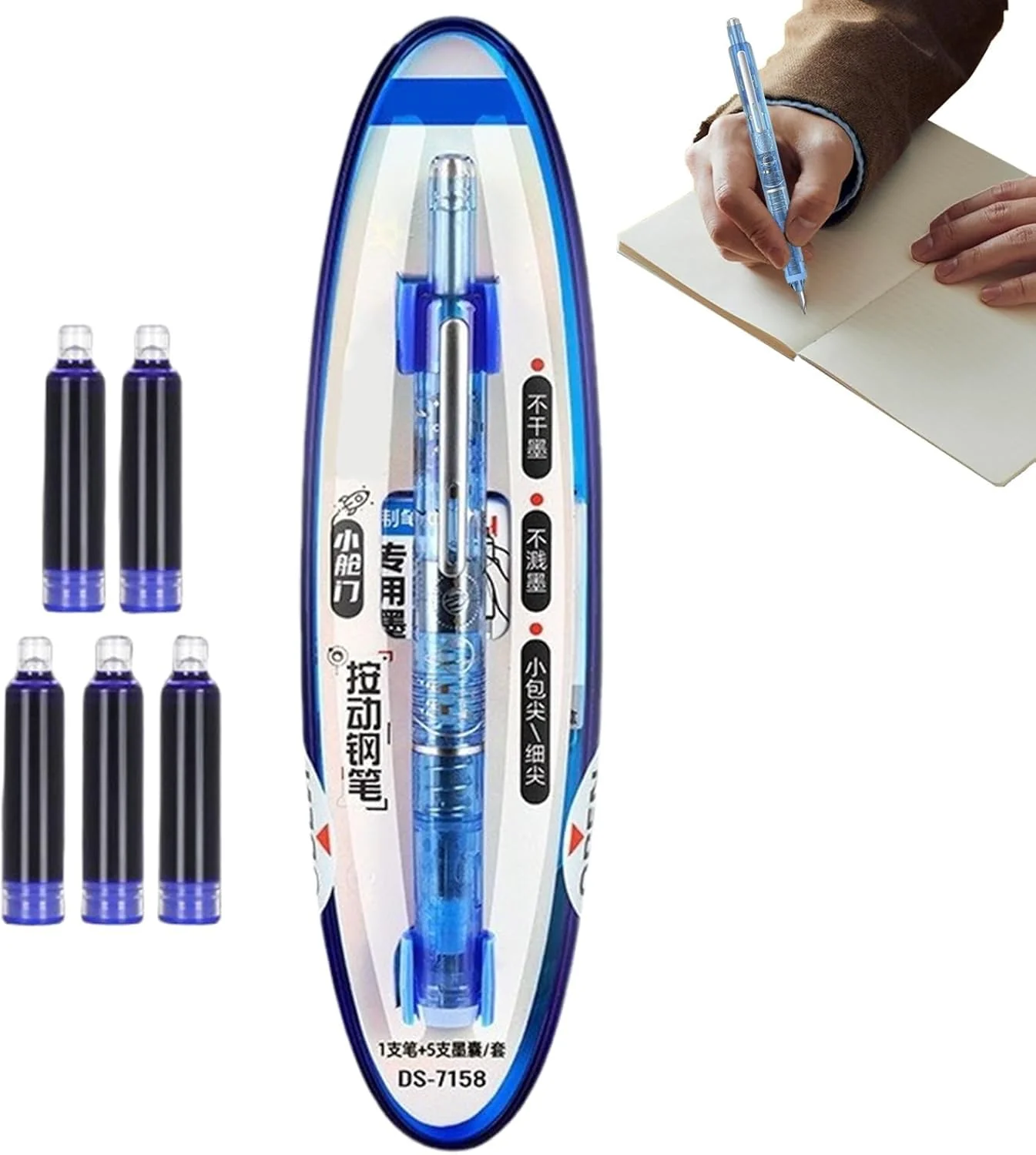 Dian Shi- 7158 Transparent Retractable Fountain Pen, EF Nib, 5 Blue Refills - Ideal Journaling Gift - Image 3
