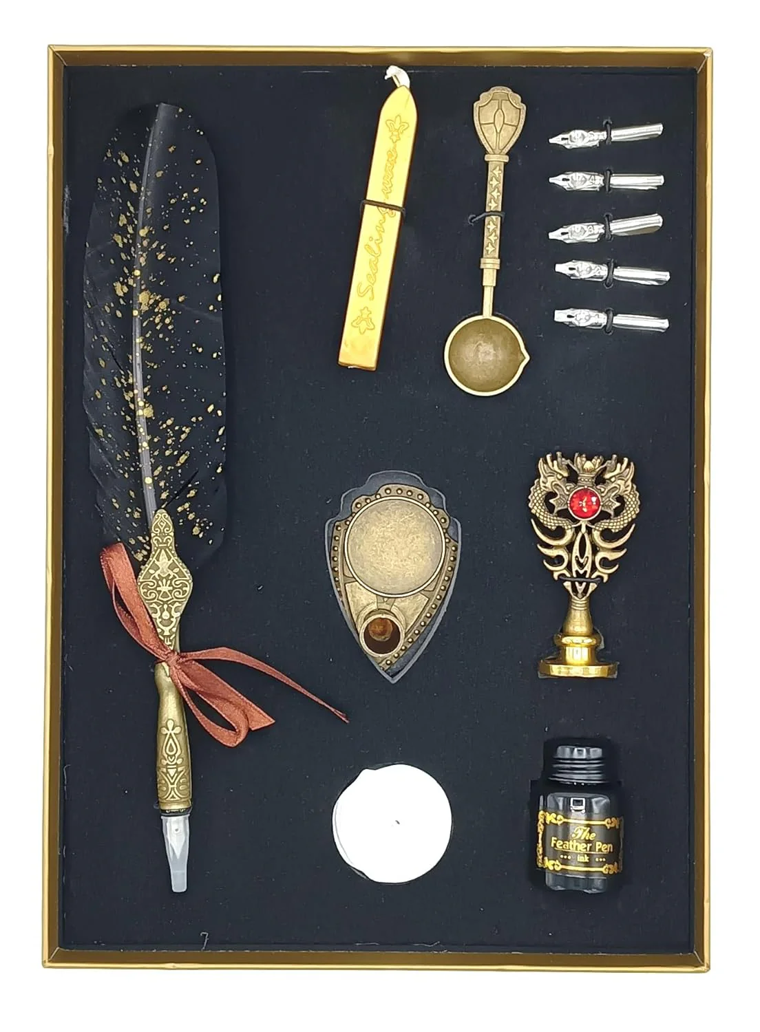 Feather Calligraphy Pen Ink Set – Quill Dip Pen with 5 Nibs, Ink, Wax Seal Stamp Kit & Gift Box (Available in Maroon, Green, Black & White) - Image 3