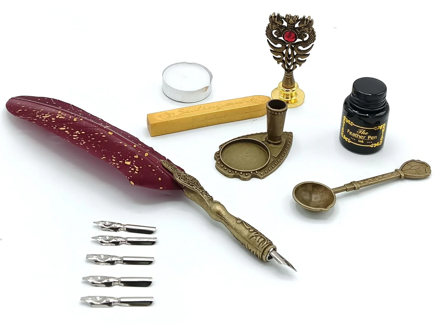 Feather Calligraphy Pen Ink Set – Quill Dip Pen with 5 Nibs, Ink, Wax Seal Stamp Kit & Gift Box (Available in Maroon, Green, Black & White) - Image 5