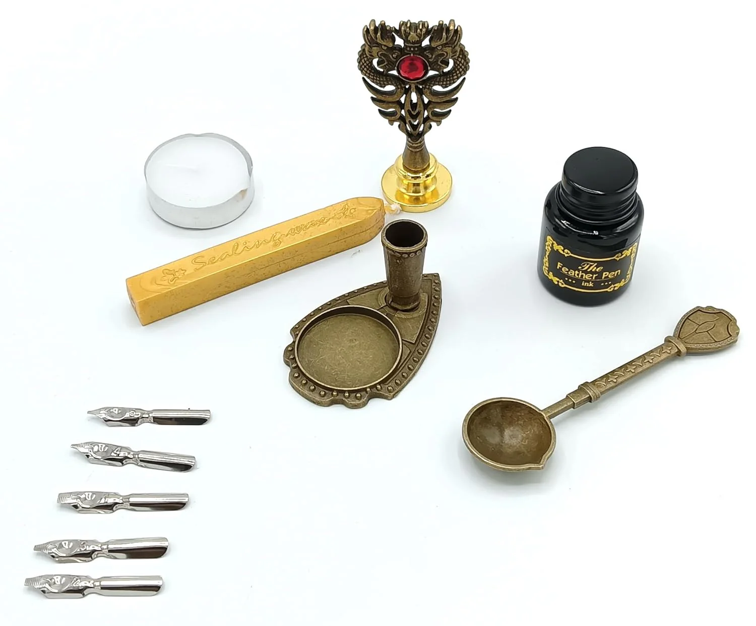 Feather Calligraphy Pen Ink Set – Quill Dip Pen with 5 Nibs, Ink, Wax Seal Stamp Kit & Gift Box (Available in Maroon, Green, Black & White) - Image 6