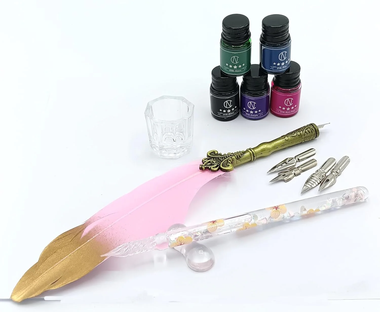Feather & Crystal Glass Dip Pen Set with 5 Color Inks, Feather Pen, 4 Extra Nibs, Pen Holder, and Ink Cup – Calligraphy Writing & Creative Art Set - Image 3