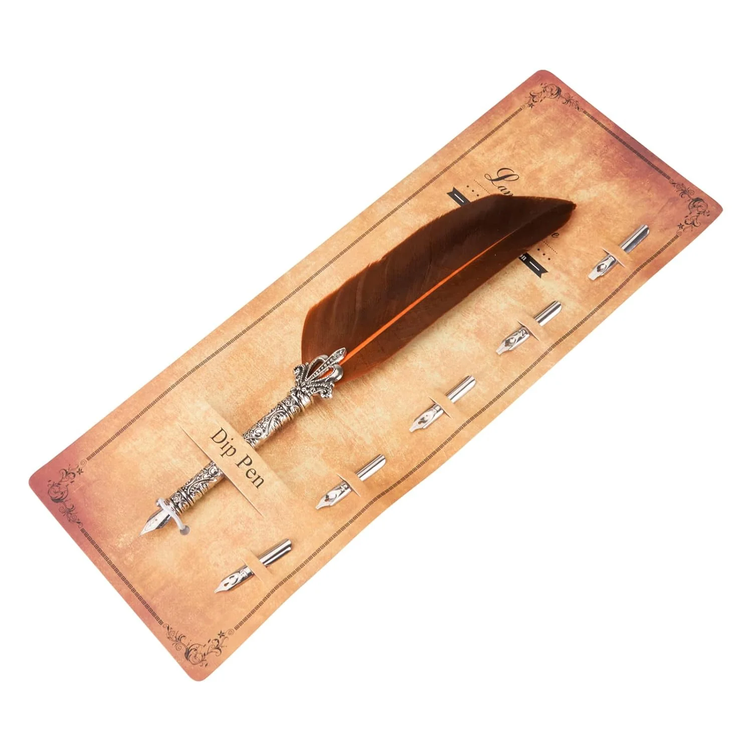 Feather Dip Fountain Pen – Natural Feather Quill Pen Set with 5 Stainless Steel Nibs for Calligraphy & Writing (Dark Orange) - Image 4