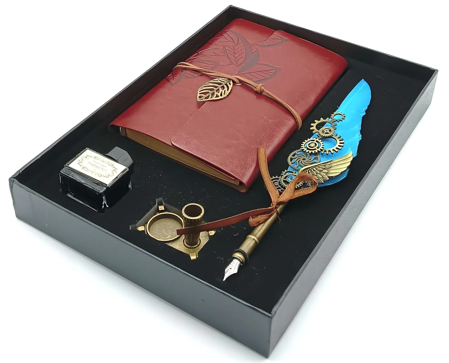 Feather Pen Ink Set – Quill Dip Pen with Leather Notebook, Ink Bottle & Pen Holder, Antique Calligraphy Stationery Gift (Sky Blue / Green) - Image 3
