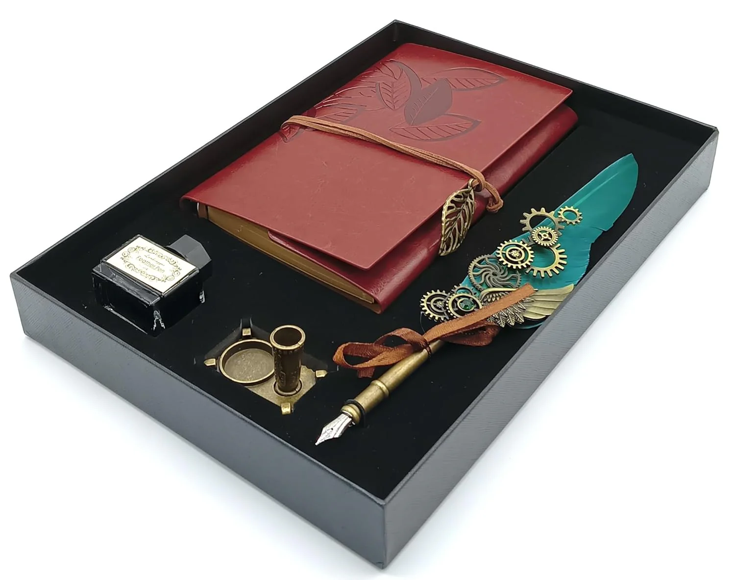 Feather Pen Ink Set – Quill Dip Pen with Leather Notebook, Ink Bottle & Pen Holder, Antique Calligraphy Stationery Gift (Sky Blue / Green) - Image 4