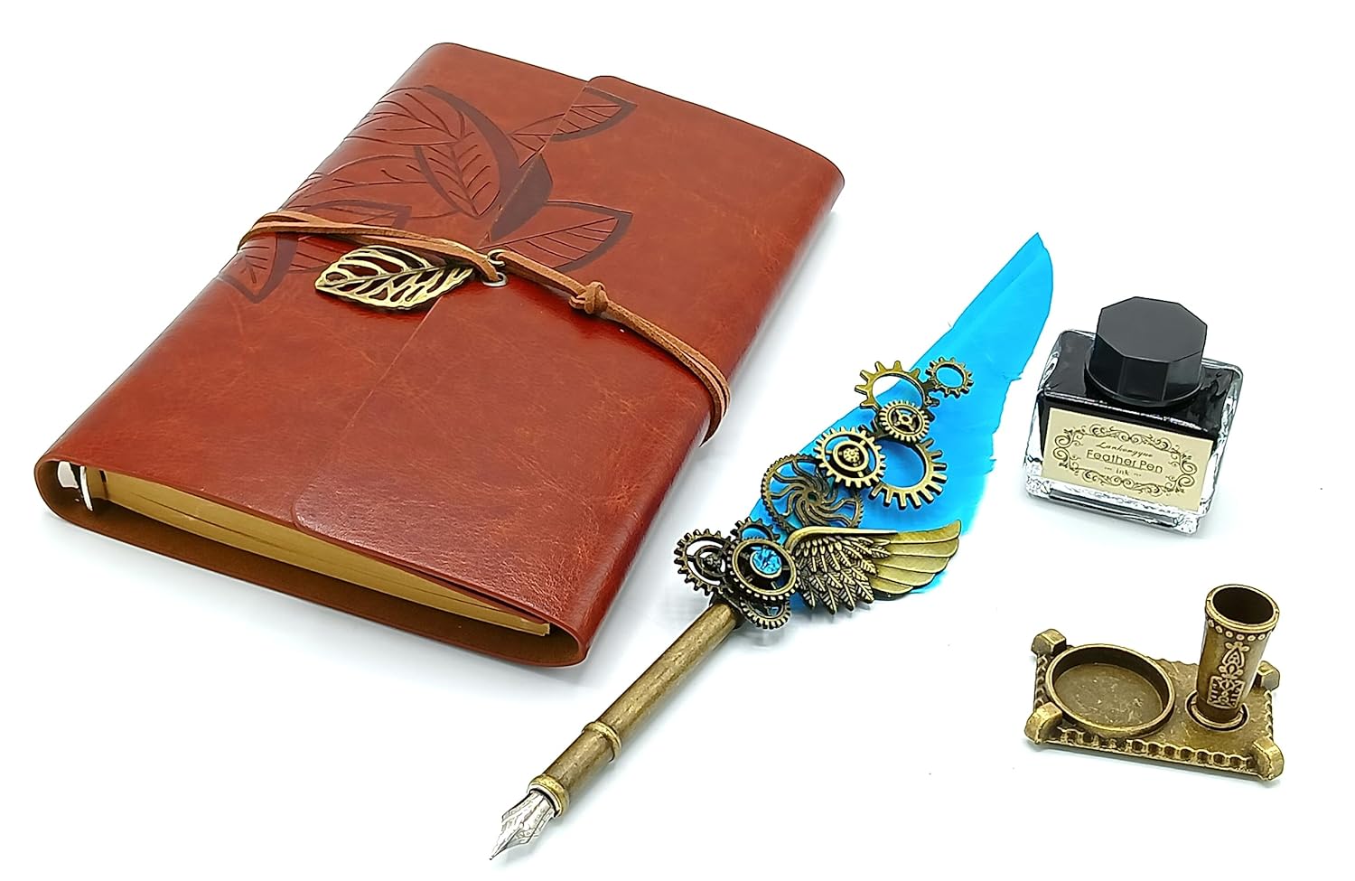 Feather Pen Ink Set – Quill Dip Pen with Leather Notebook, Ink Bottle & Pen Holder, Antique Calligraphy Stationery Gift (Sky Blue / Green) - Image 8