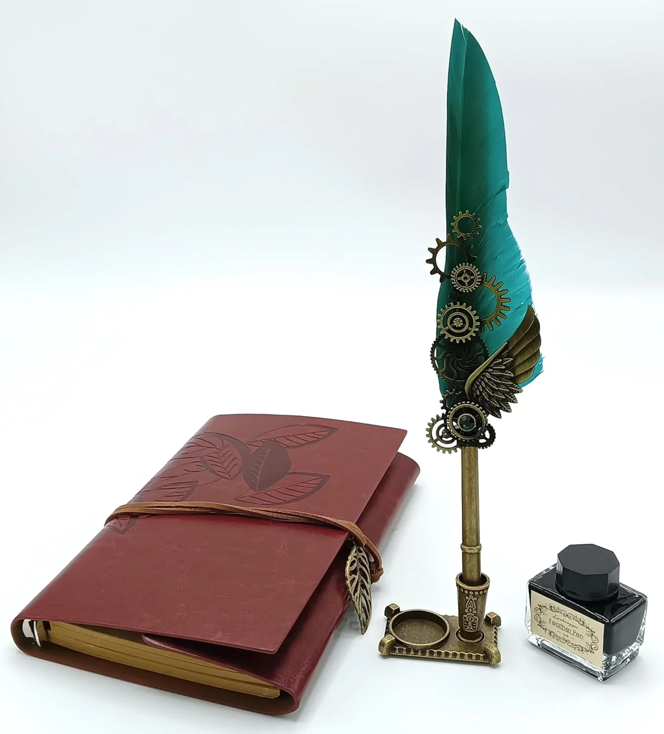 Feather Pen Ink Set – Quill Dip Pen with Leather Notebook, Ink Bottle & Pen Holder, Antique Calligraphy Stationery Gift (Sky Blue / Green) - Image 9