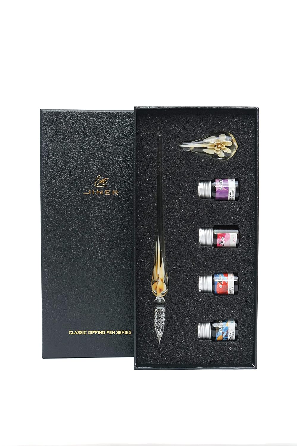 Glass Dip Pen Set – Multicolor Flower Design Glass Pen with 4 Mini Ink Bottle, Pen Holder With Flower Design & Gift Box - Image 3