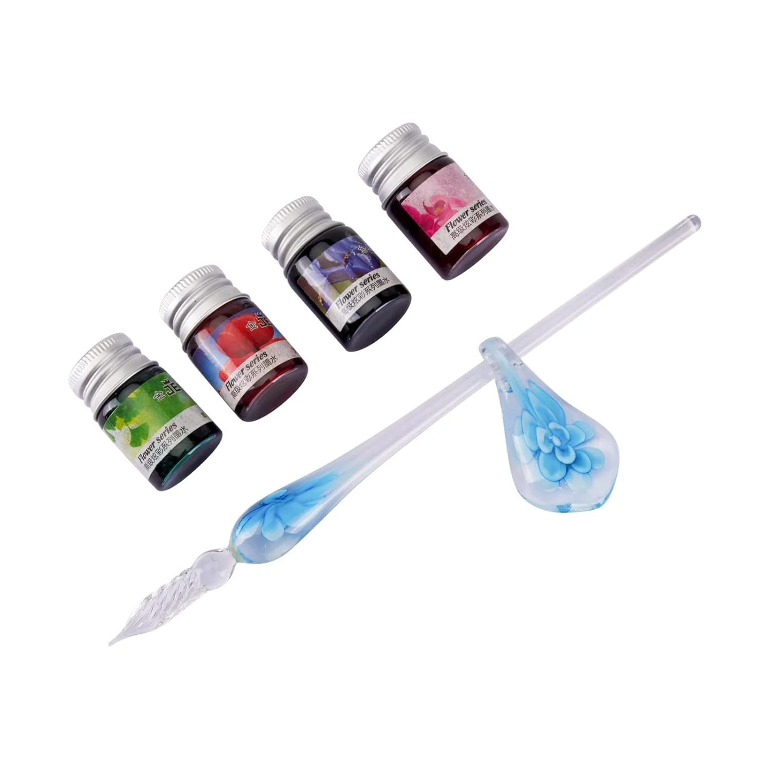 Glass Dip Pen Set – Multicolor Flower Design Glass Pen with 4 Mini Ink Bottle, Pen Holder With Flower Design & Gift Box - Image 4