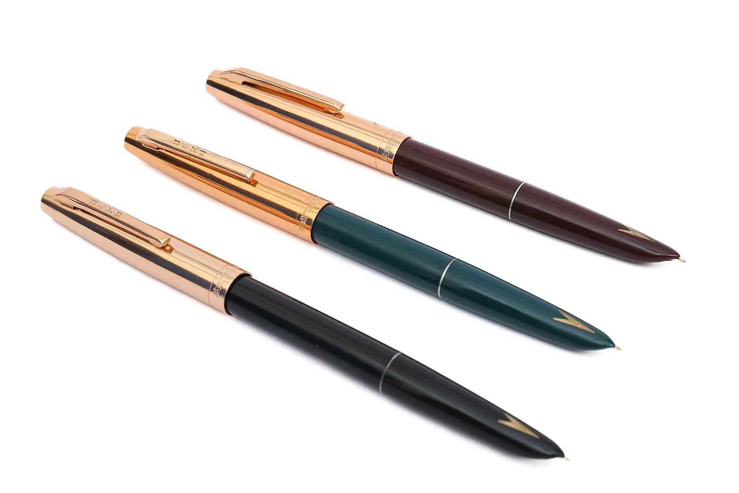 Hero 336 Fountain Pen Set (3-Pack) – Fine Nib, Gold Arrow Pattern On The Barrel , Gold Cap – Green, Maroon, Black - Image 2