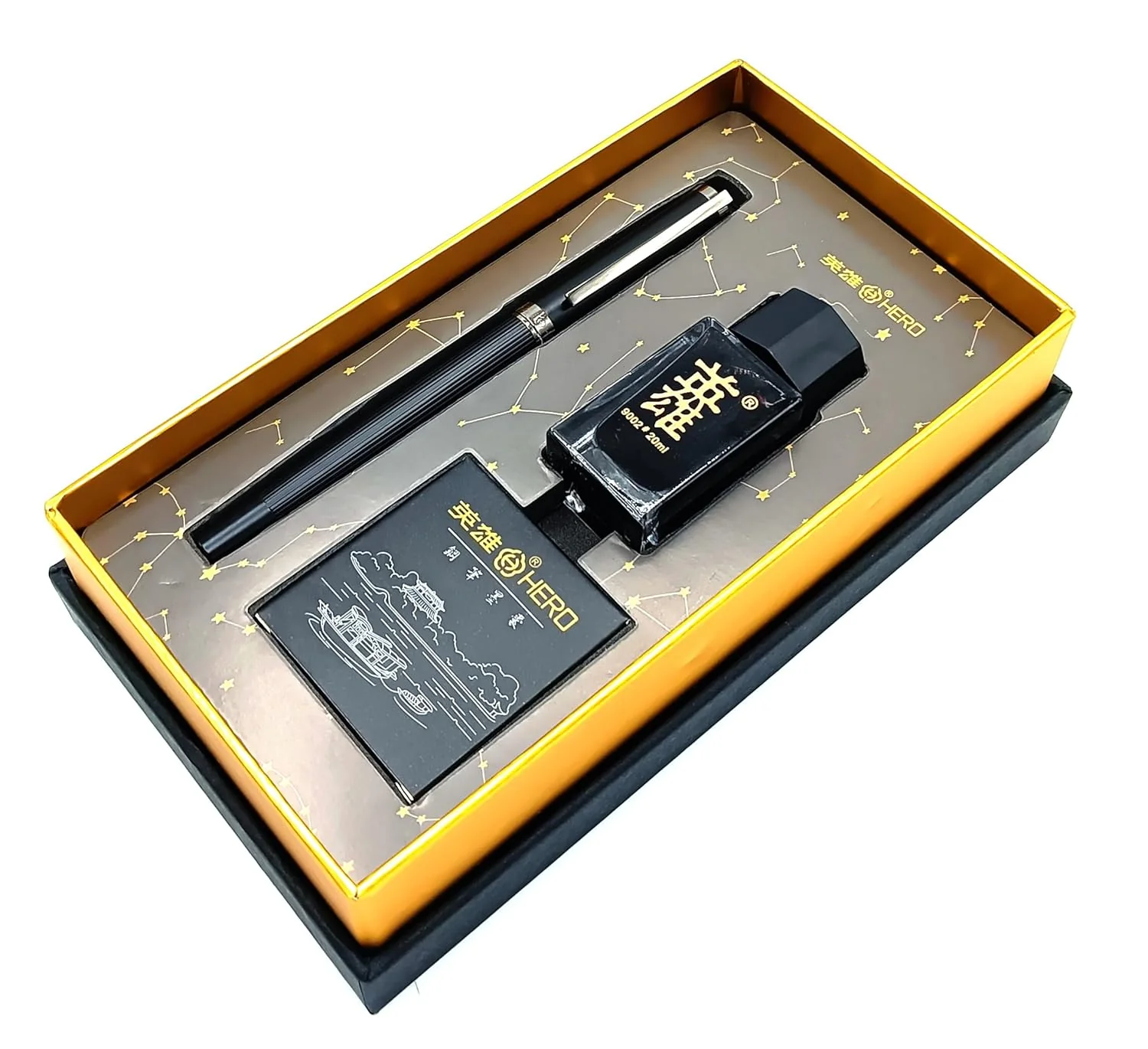 Hero 6192 Black Fountain Pen Set with Ink Bottle, Cartridges, Converter, and Premium Packaging – Fine Nib [Silver Chrome] - Image 3