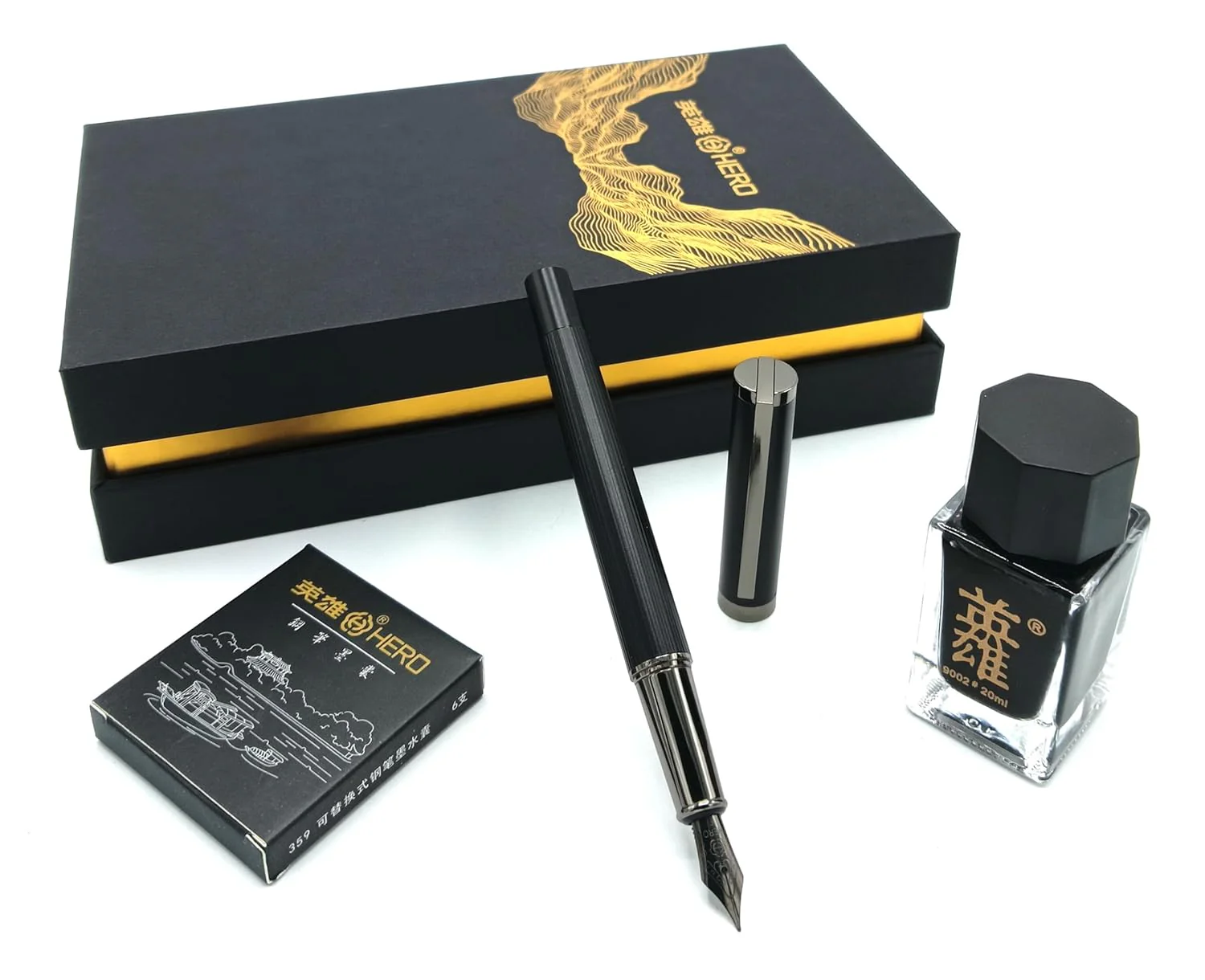 Hero 6192 Black Fountain Pen Set with Ink Bottle, Cartridges, Converter, and Premium Packaging – Fine Nib [Silver Chrome] - Image 4