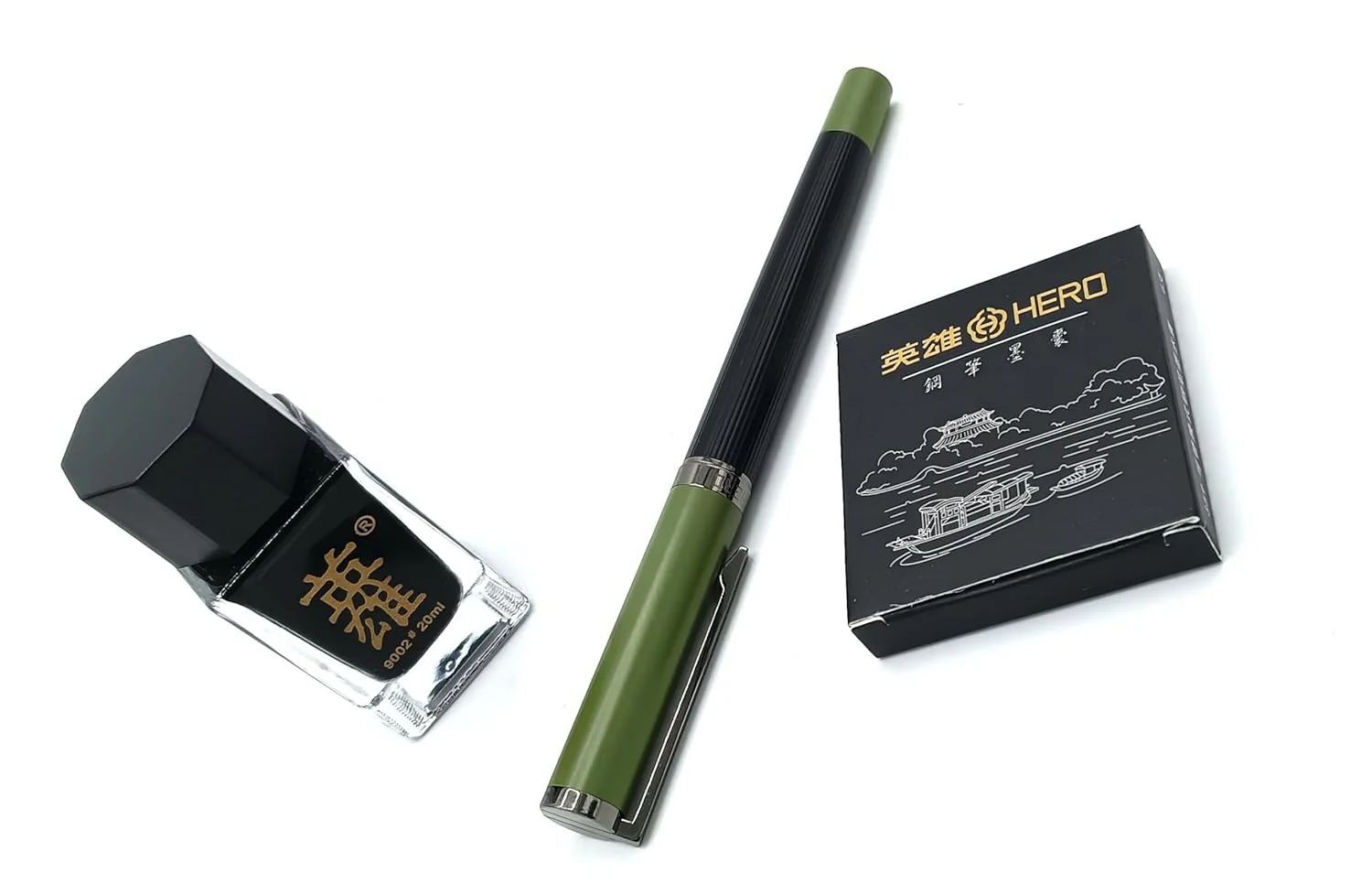 Hero 6192 Green Fountain Pen Set with Ink Bottle, Cartridges, Converter, and Premium Packaging – Fine Nib [Silver Chrome] - Image 3