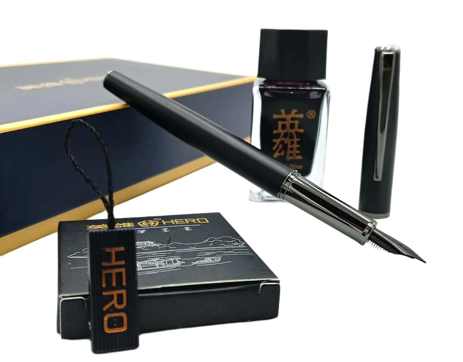 Hero 7066 Matte Black Fountain Pen Set with Extra Fine Nib – Includes Ink Bottle, Cartridges, Converter, and Premium Packaging for Smooth Writing [Silver Chrome] - Image 4