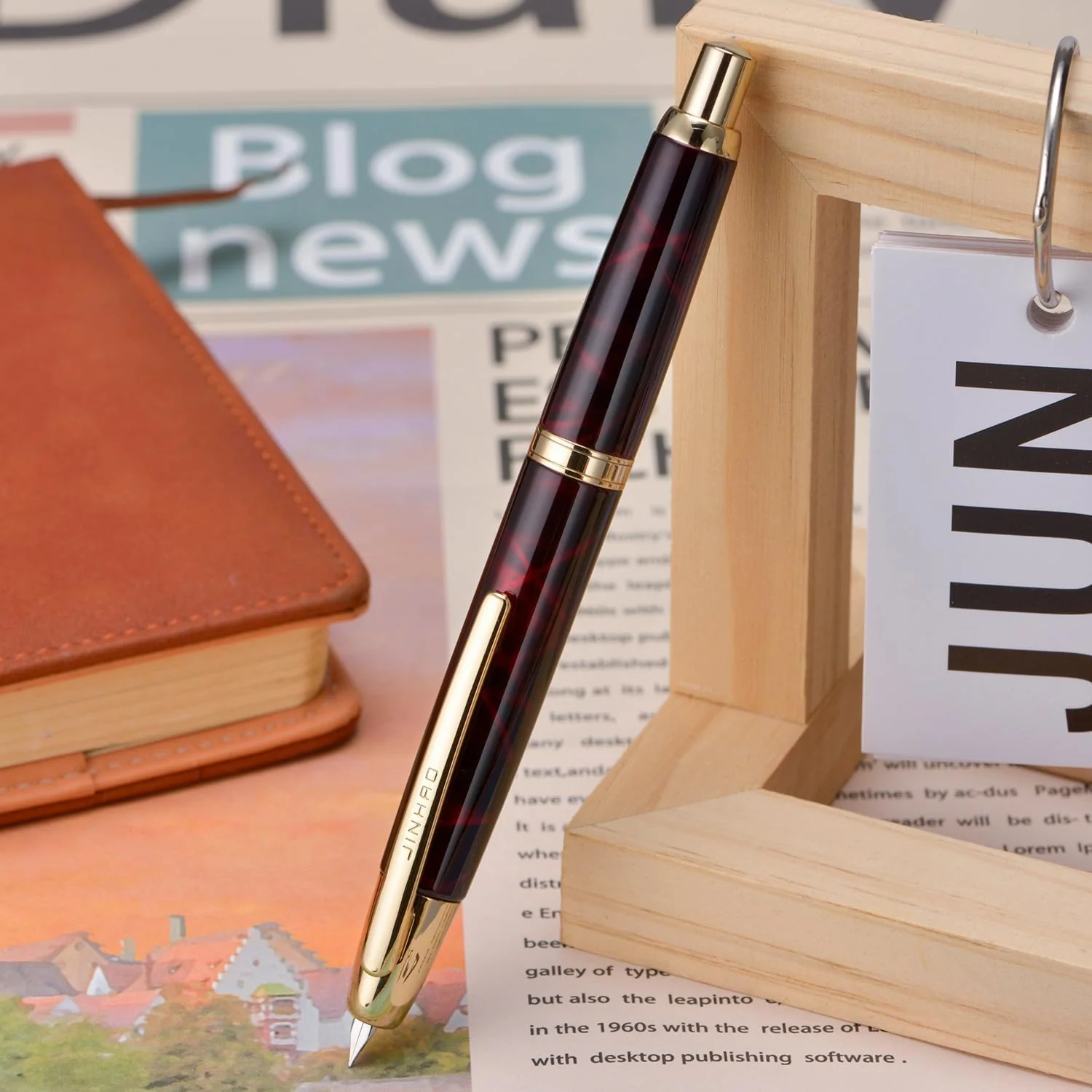 Jinhao 10 Capless Fountain Pen with Box – Marble Red & Caramel Orange, Retractable Fine Iridium Nib, Golden Clip, Ink Converter Set - Image 3