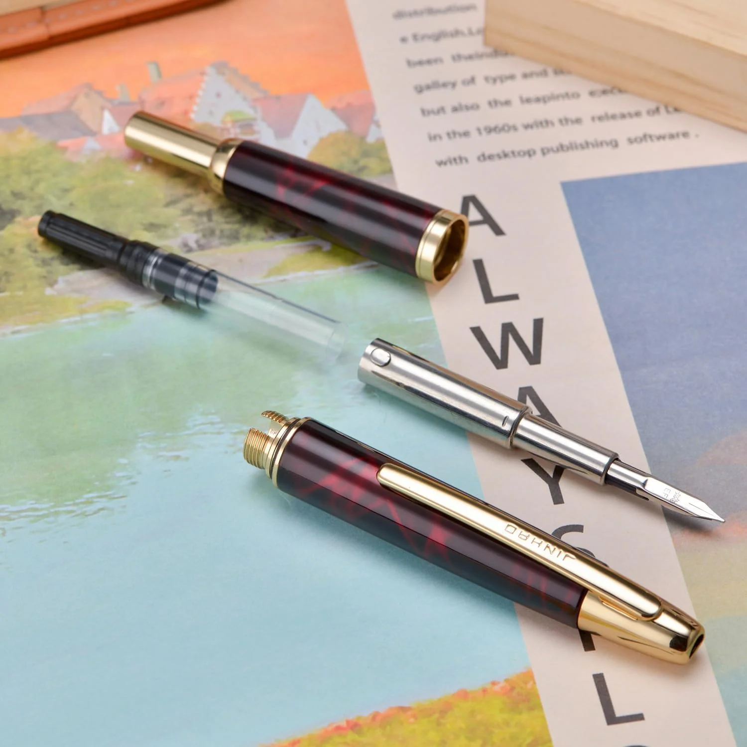 Jinhao 10 Capless Fountain Pen with Box – Marble Red & Caramel Orange, Retractable Fine Iridium Nib, Golden Clip, Ink Converter Set - Image 5