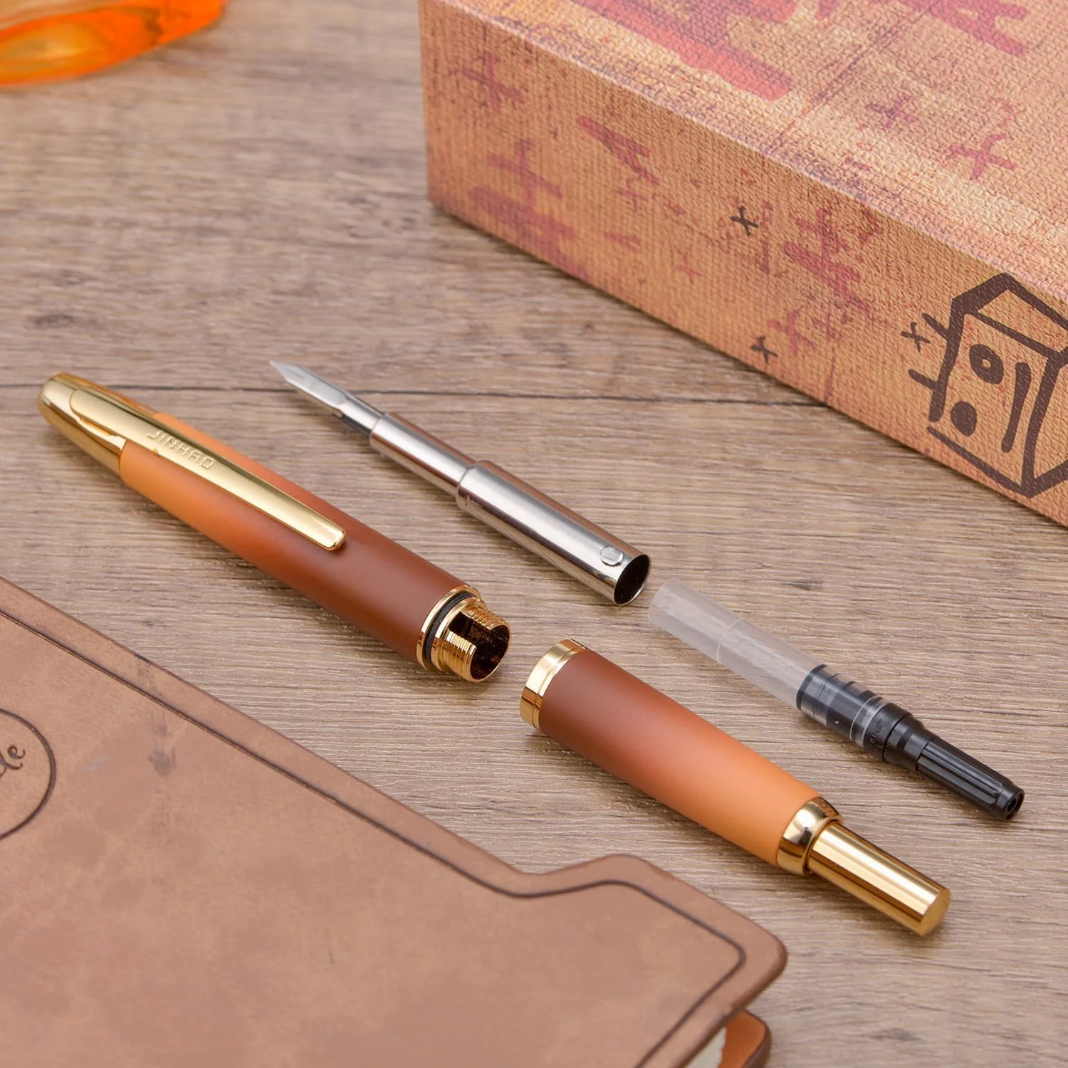 Jinhao 10 Capless Fountain Pen with Box – Marble Red & Caramel Orange, Retractable Fine Iridium Nib, Golden Clip, Ink Converter Set - Image 6
