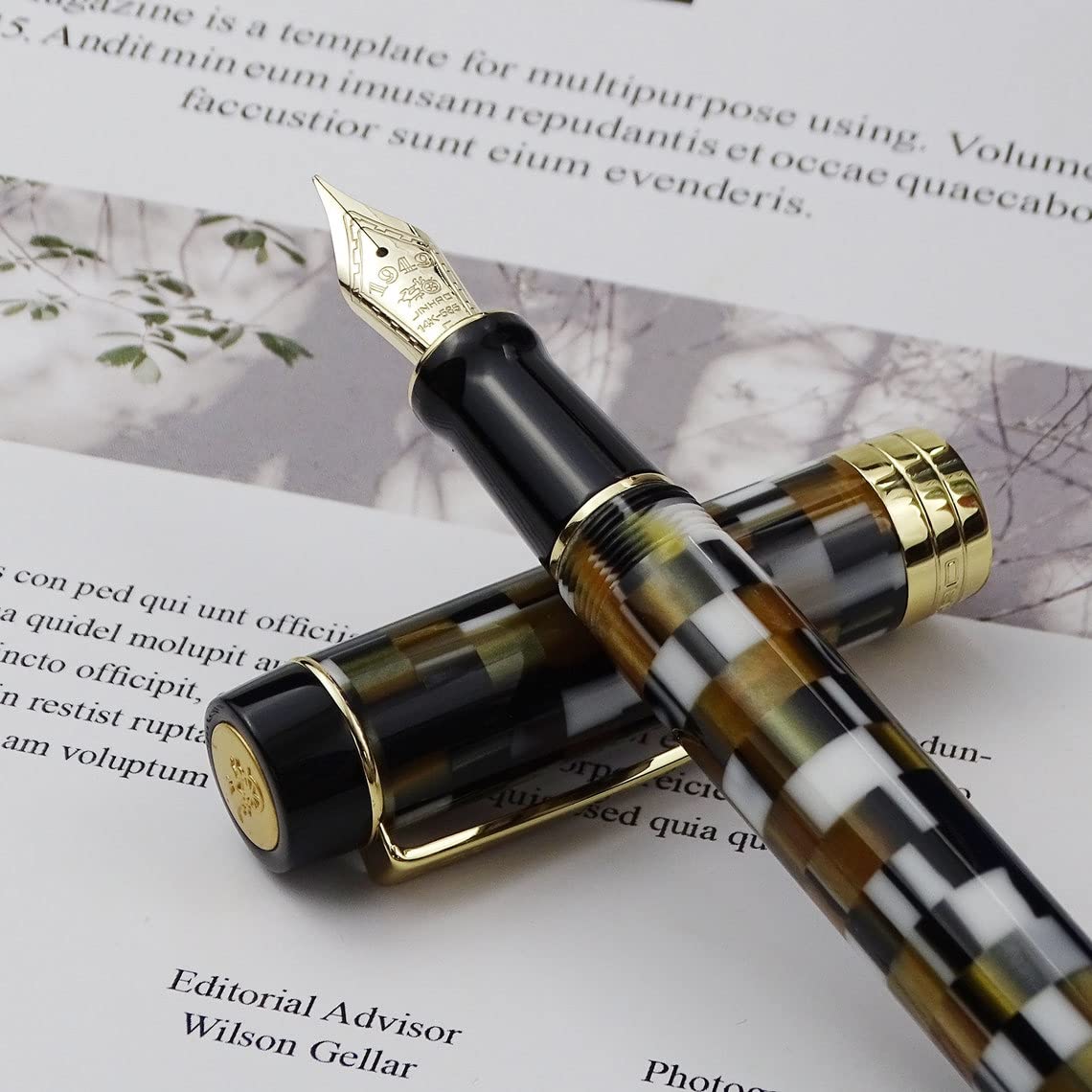Jinhao 100 Centennial Gold Fountain Pen – Fine Nib, Brown Resin Checkerboard Design, Elegant Gift Pen - Image 2