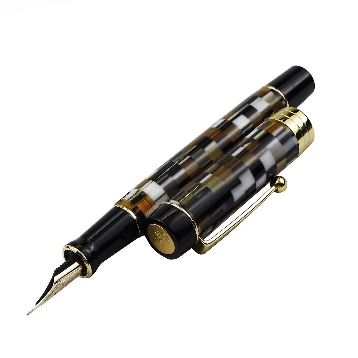 Jinhao 100 Centennial Gold Fountain Pen – Fine Nib, Brown Resin Checkerboard Design, Elegant Gift Pen - Image 5
