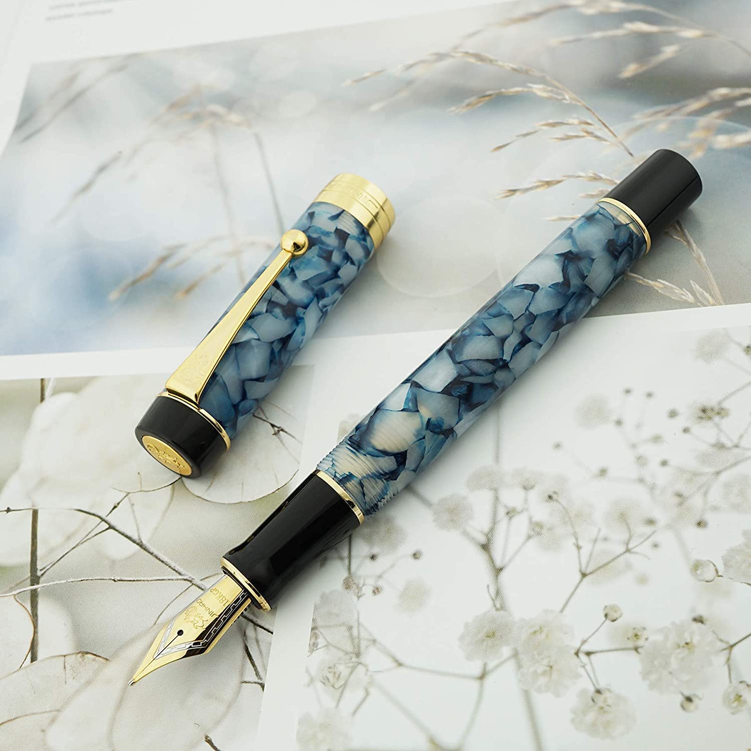 Jinhao 100 Classic Fountain Pen Blue White Celluloid, Fine Nib with Converter - Image 2