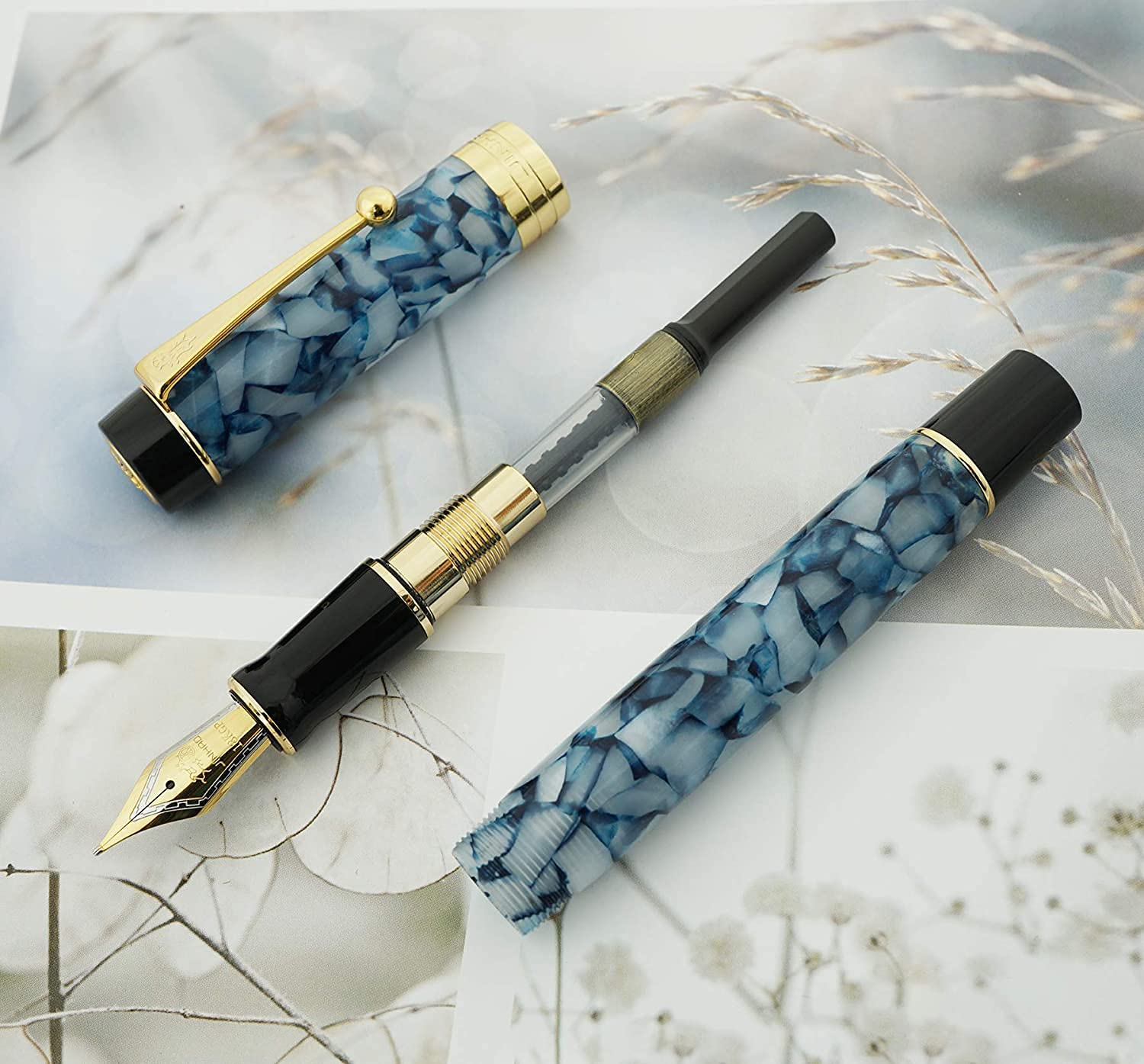 Jinhao 100 Classic Fountain Pen Blue White Celluloid, Fine Nib with Converter - Image 3