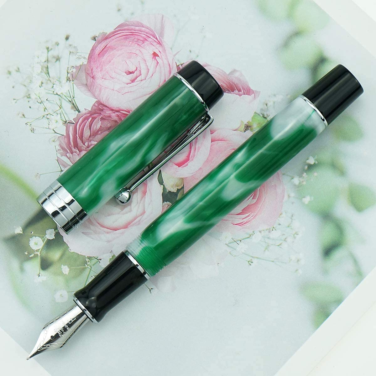 Jinhao 100 Classic Fountain Pen Celluloid Silver Clip, Fine Nib with Converter, Green White - Image 2