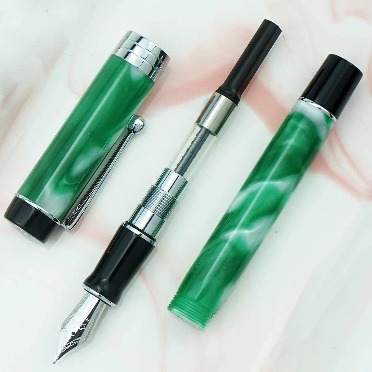 Jinhao 100 Classic Fountain Pen Celluloid Silver Clip, Fine Nib with Converter, Green White - Image 3