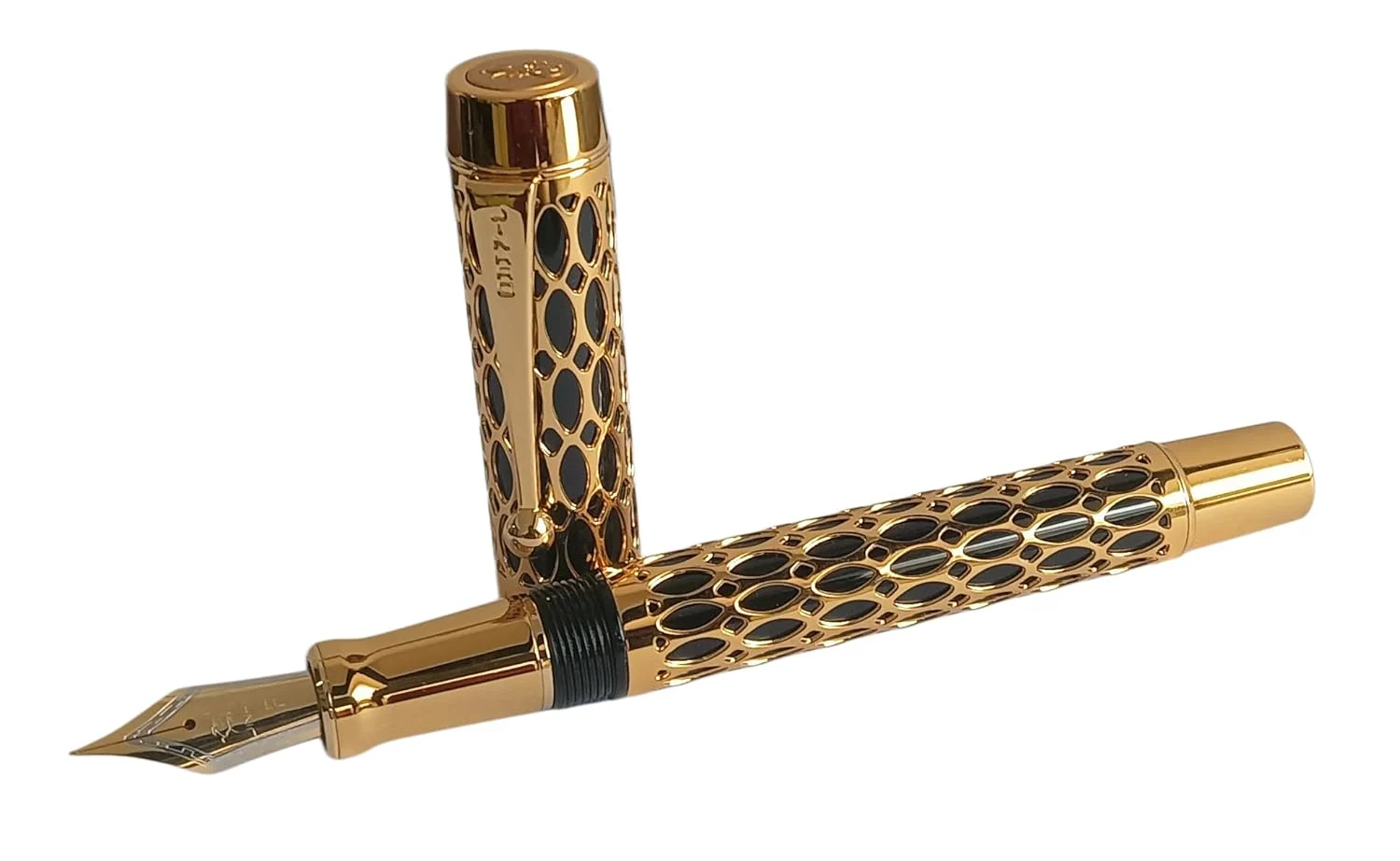 Jinhao 100 Fountain Pen –  Black Resin & Gold Metal Grid Skeleton Design, Fine Nib (0.5mm) with Ink Converter - Image 2