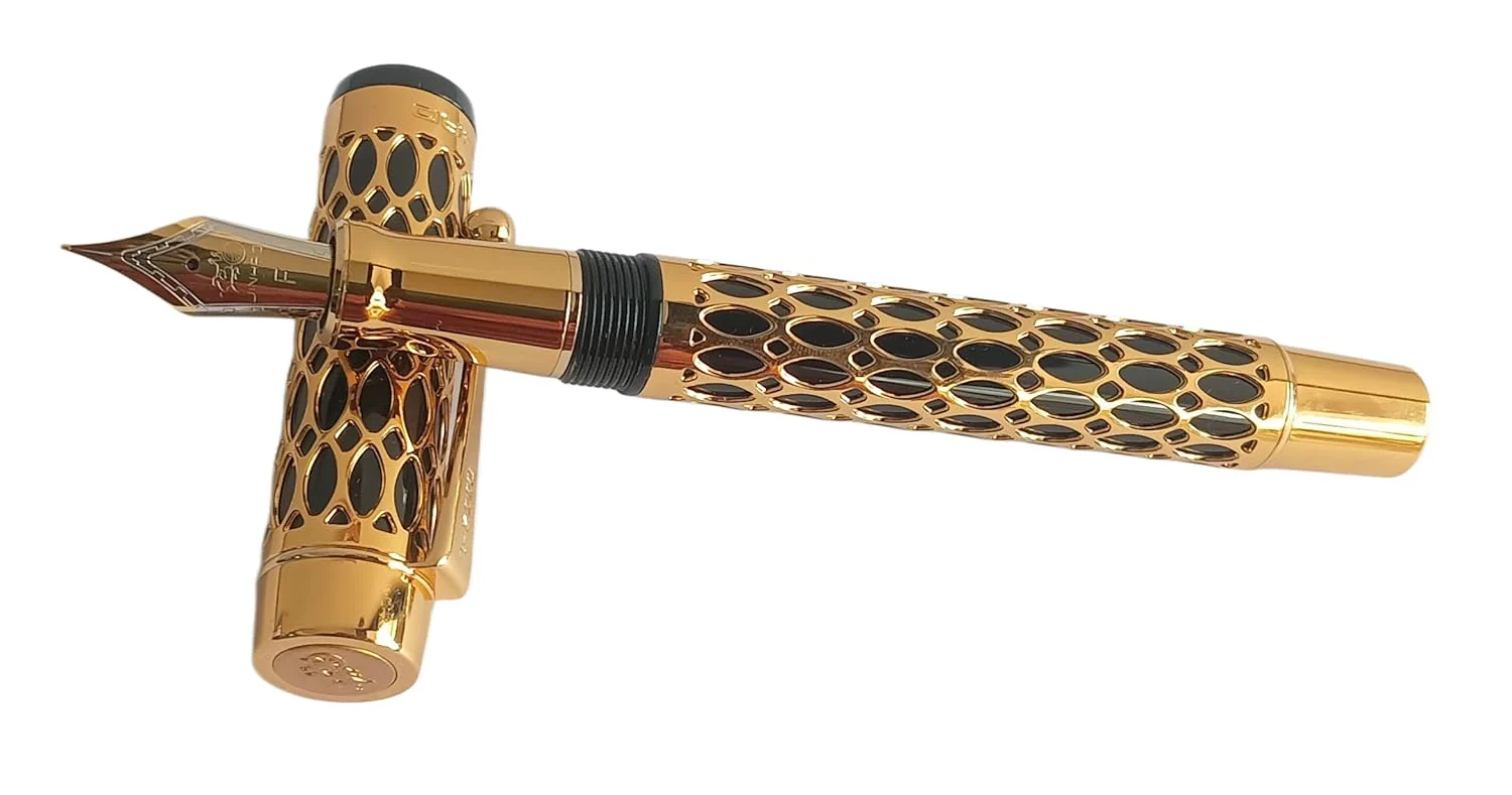 Jinhao 100 Fountain Pen –  Black Resin & Gold Metal Grid Skeleton Design, Fine Nib (0.5mm) with Ink Converter - Image 3