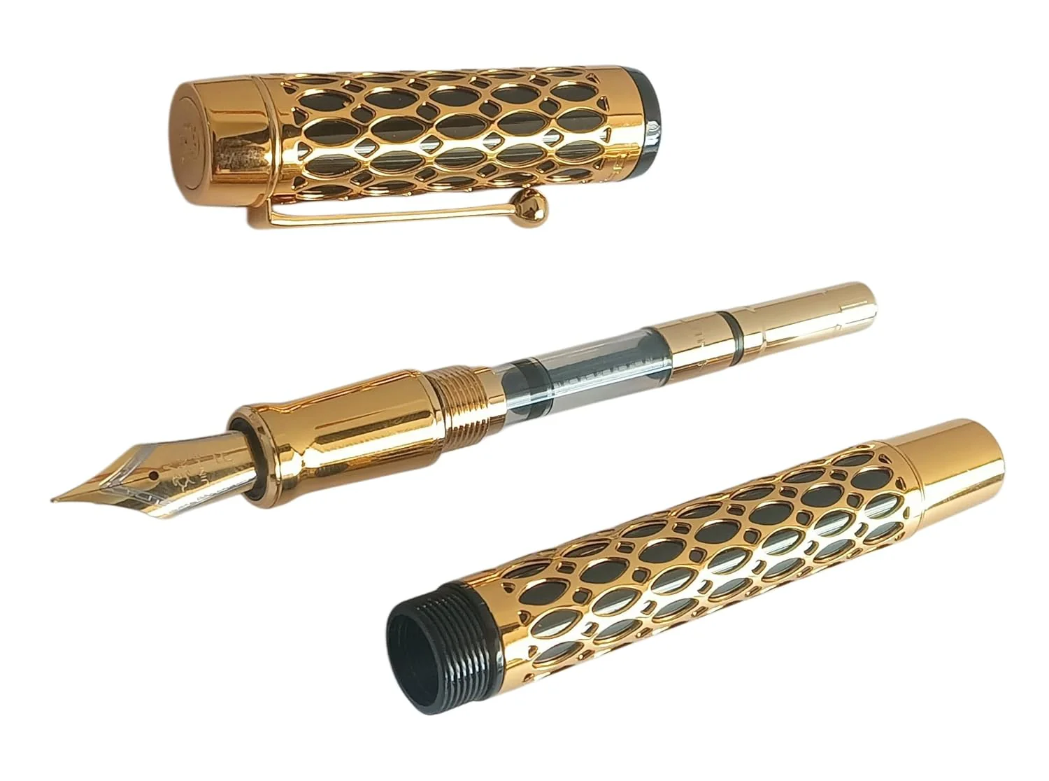 Jinhao 100 Fountain Pen –  Black Resin & Gold Metal Grid Skeleton Design, Fine Nib (0.5mm) with Ink Converter - Image 4