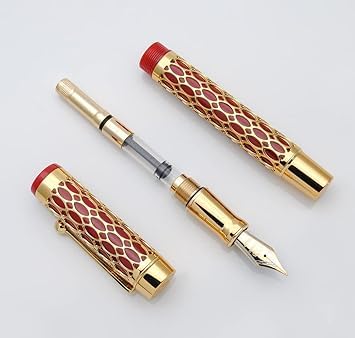 Jinhao 100 Fountain Pen –  Red Resin & Gold Metal Grid Skeleton Design, Fine & Medium Nib Options with Ink Converter - Image 3