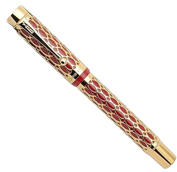 Jinhao 100 Fountain Pen –  Red Resin & Gold Metal Grid Skeleton Design, Fine & Medium Nib Options with Ink Converter - Image 4