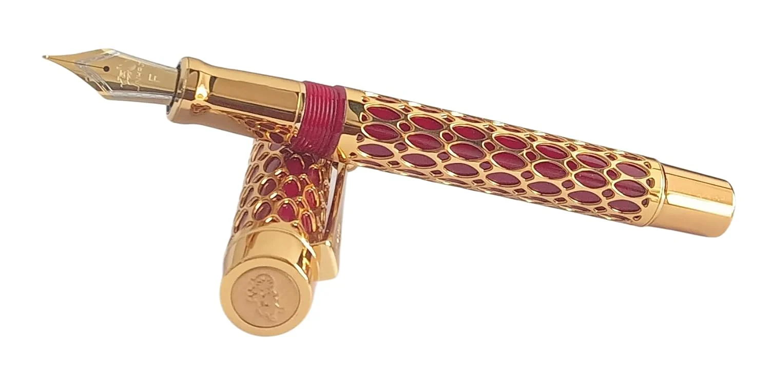 Jinhao 100 Fountain Pen –  Red Resin & Gold Metal Grid Skeleton Design, Fine & Medium Nib Options with Ink Converter - Image 5