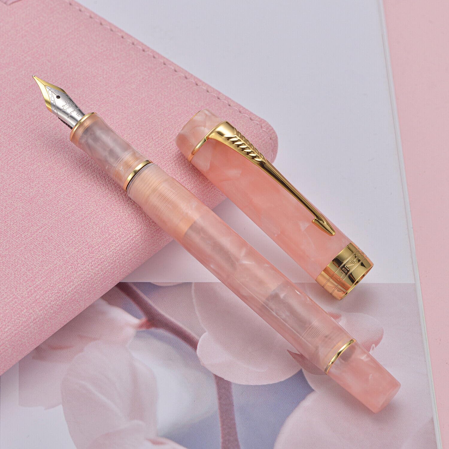 Jinhao 100 Fountain Pen Sakura Pink Celluloid, Fine Point with Converter - Image 2