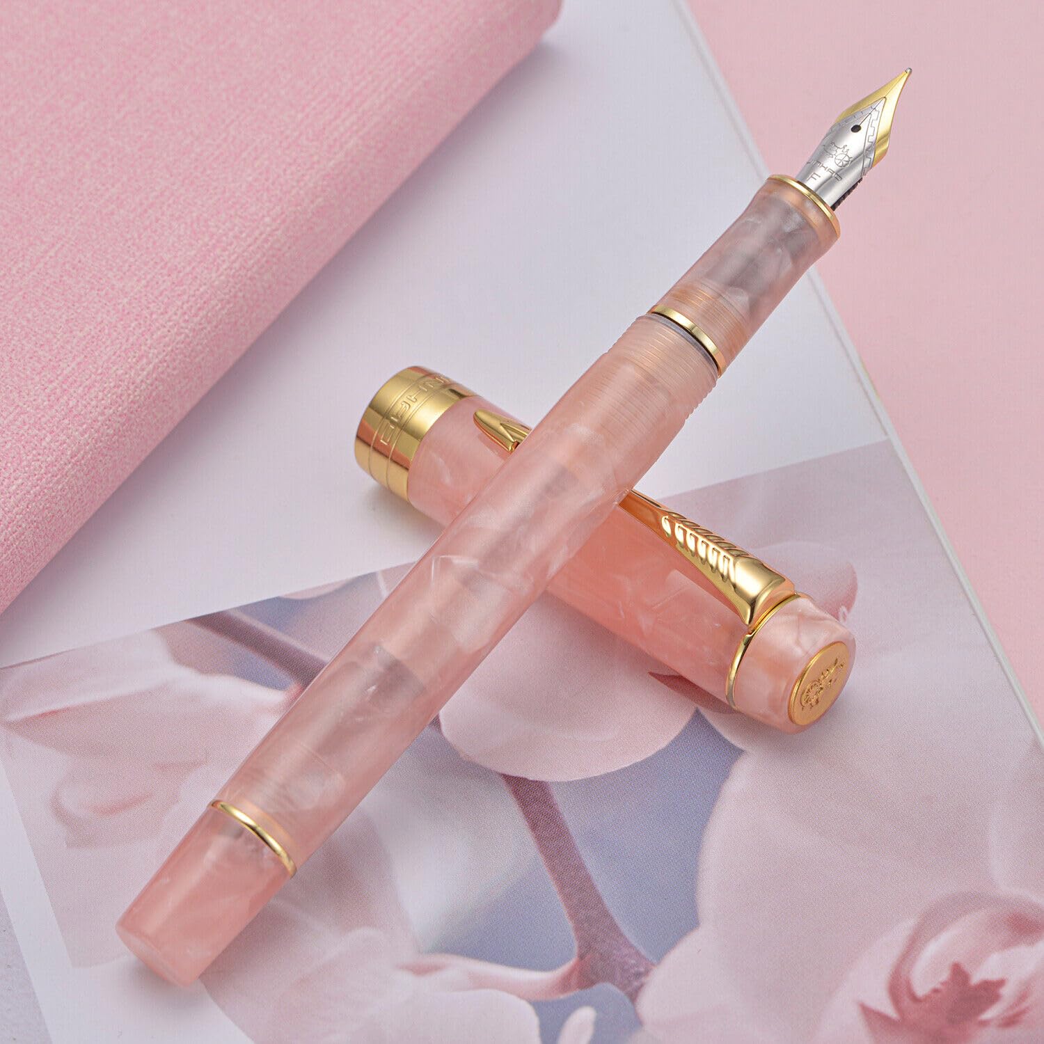 Jinhao 100 Fountain Pen Sakura Pink Celluloid, Fine Point with Converter - Image 3