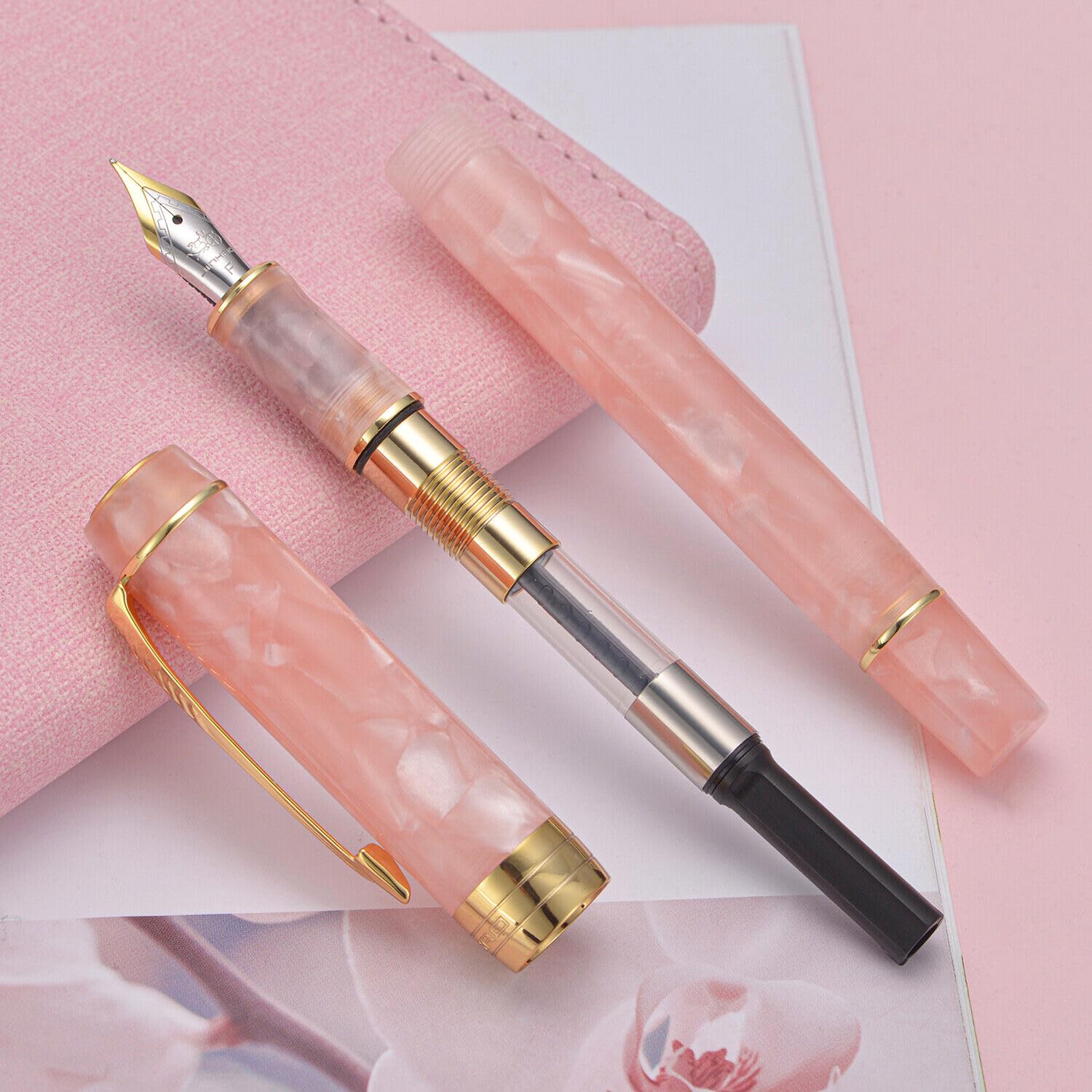 Jinhao 100 Fountain Pen Sakura Pink Celluloid, Fine Point with Converter - Image 4