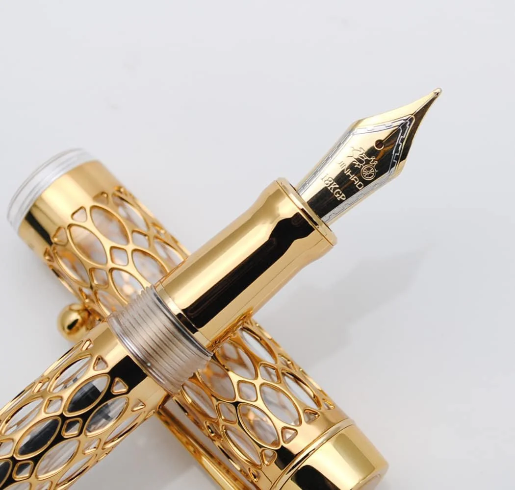 Jinhao 100 Fountain Pen – Transparent Resin & Gold Metal Grid Skeleton Design, Medium Nib with Ink Converter - Image 2