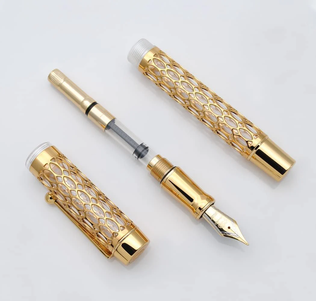 Jinhao 100 Fountain Pen – Transparent Resin & Gold Metal Grid Skeleton Design, Medium Nib with Ink Converter - Image 3