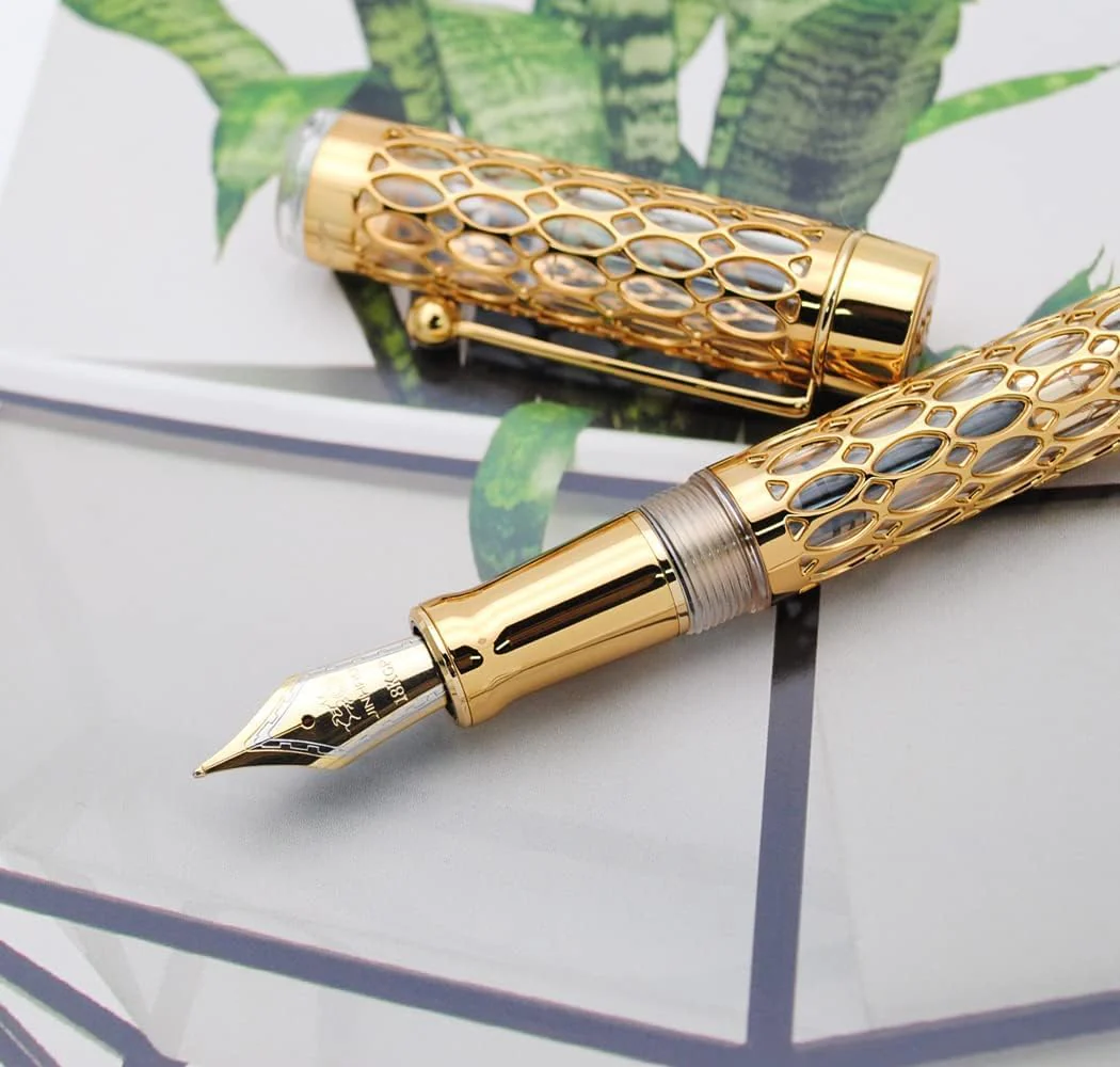 Jinhao 100 Fountain Pen – Transparent Resin & Gold Metal Grid Skeleton Design, Medium Nib with Ink Converter - Image 5